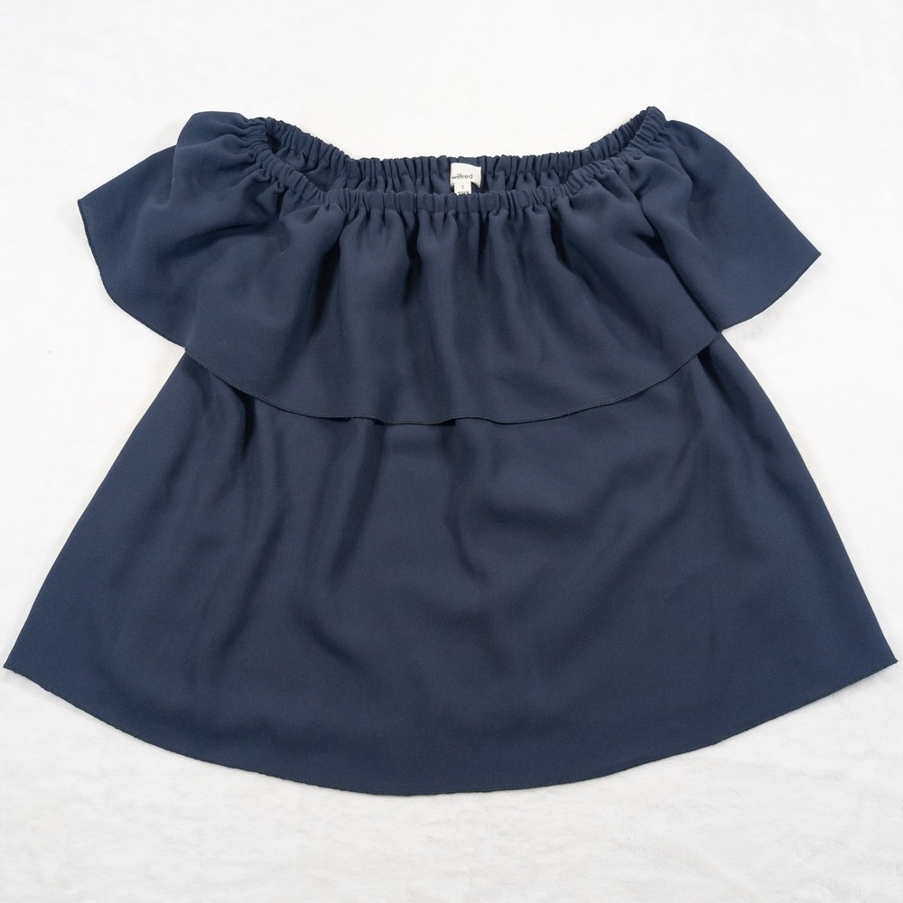Aritzia Wilfred Offshoulder Blouse Womens S Silk Trim Blue Ruffled Shirt